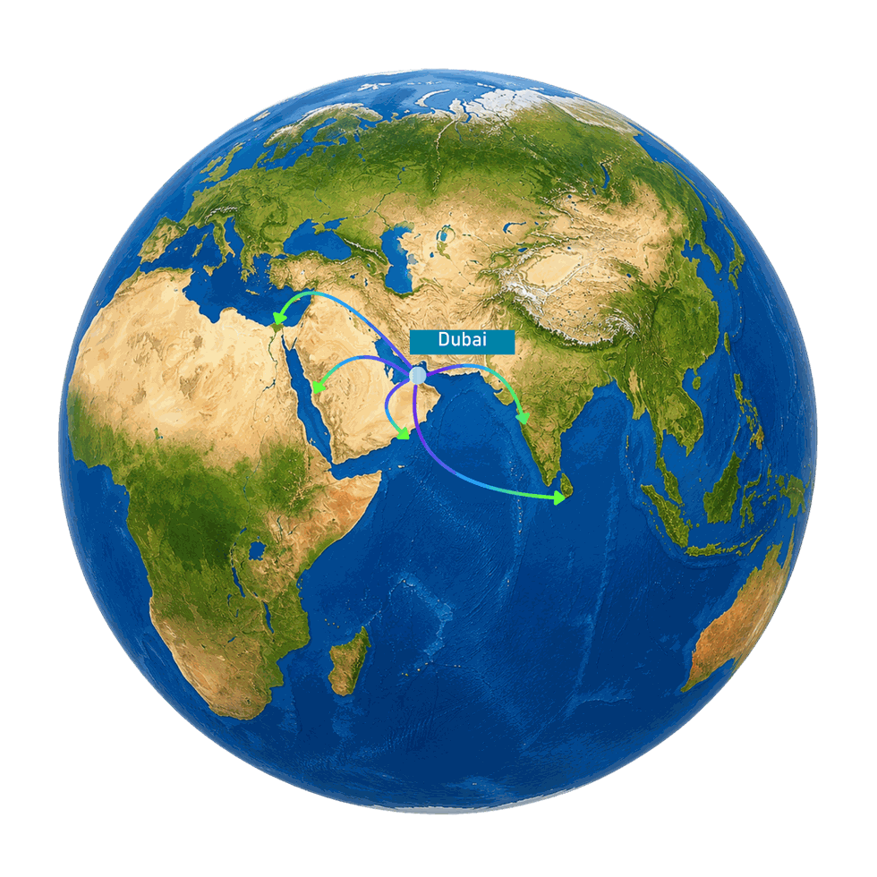 Dubai station globe with regional service lines
